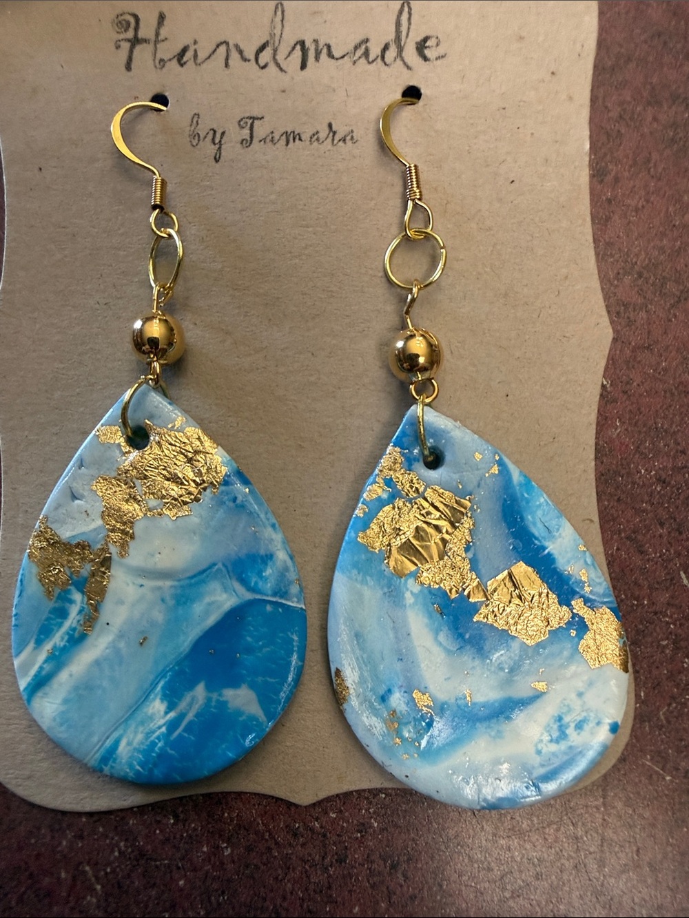 Handmade Blue and Gold Teardrop Earrings
